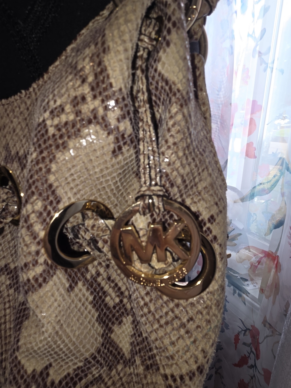 Michael Kors Taupe Snakeskin-Print Shoulder Bag with Tassel - Picture 3 of 13